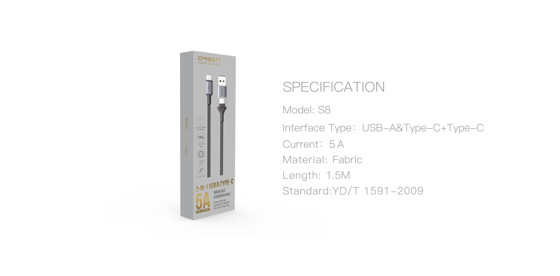 Orsen S8 2-IN-1 USB and Type-C 5A 1.5m black