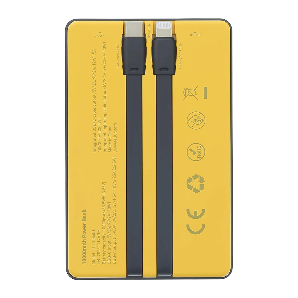 Tellur Power Bank 10000mAh, USB-C + Lightning cables built-in  yellow