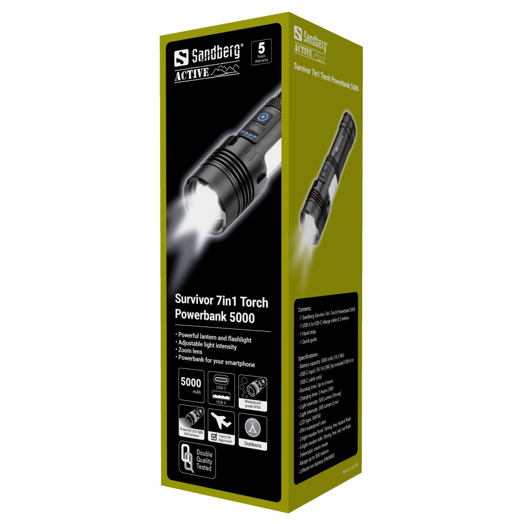 Sandberg 421-08 Survivor 7in1 Torch PB 5000, Flashlight powerbank 5000 mAh