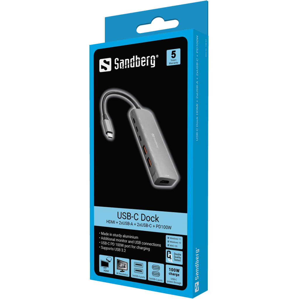 Sandberg 136-65 USB-C Dock HDMI+2xA+2xC+PD100W