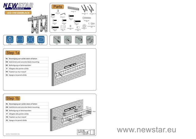 Neomounts LED-VW1000BLACK Sienas Stiprinājums TV Melns