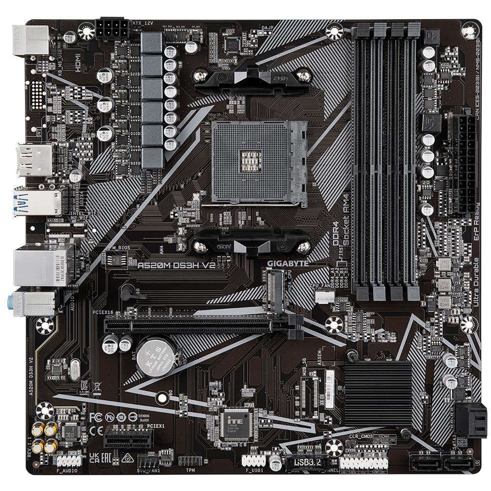 Mainboard|GIGABYTE|AMD A520|SAM4|Micro-ATX|Memory DDR4|Memory slots 4|1xPCI-Express 3.0 1x|1xPCI-Express 3.0 16x|1xM.2|1xHDMI|1xDisplayPort|2xUSB 2.0|4xUSB 3.2|1xPS/2|1xRJ45|3xAudio port|A520MDS3HV2