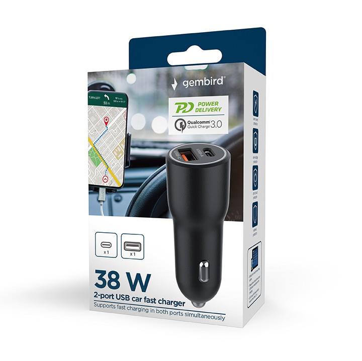 Gembird TA-UC-AC2PDQC38 automobilinis USB įkroviklis su dvigubu prievadu