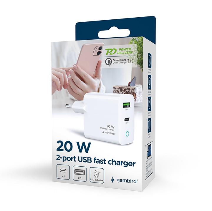 Gembird TA-UC-PDQC20L-W-01 Двухпортовое 20W USB Зарядное Устройство
