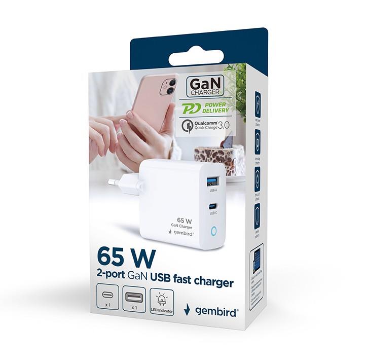 Gembird TA-UC-PDQC65L-W-01 65W dviejų USB įkroviklis