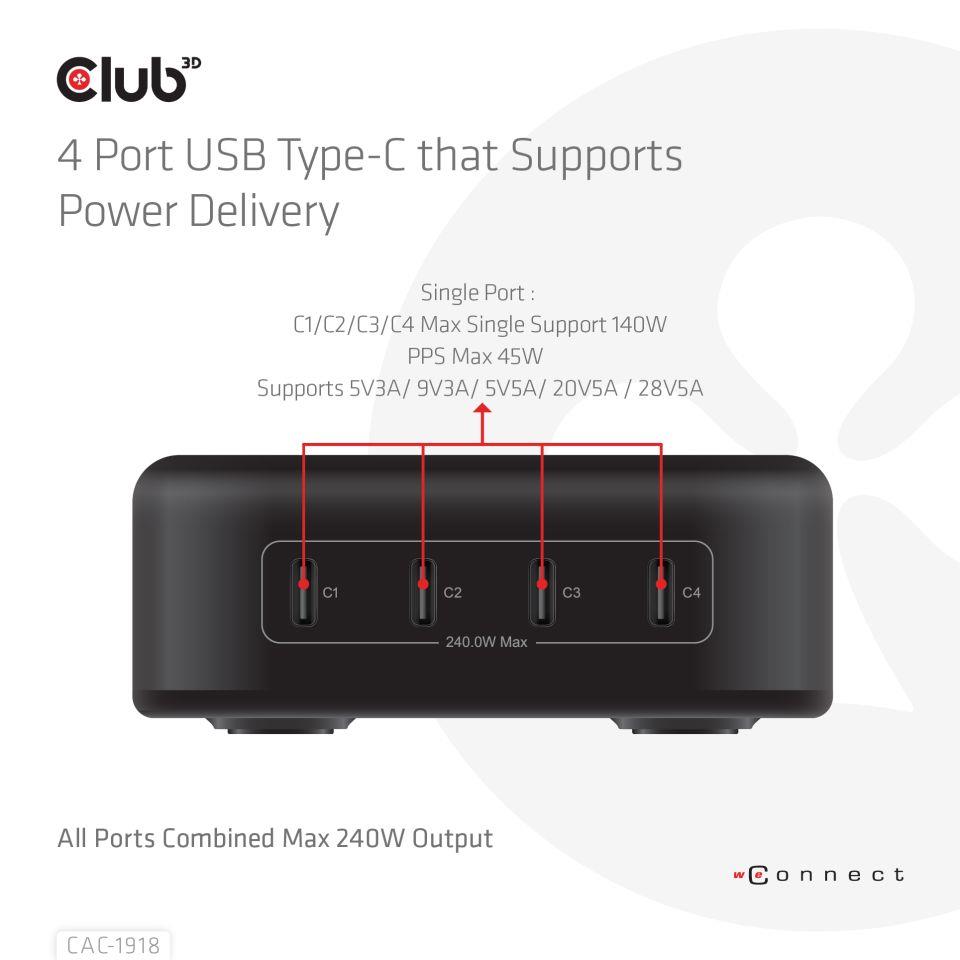 Club3D CAC-1918 240W GaN 4-Portu Mobilais Lādētājs