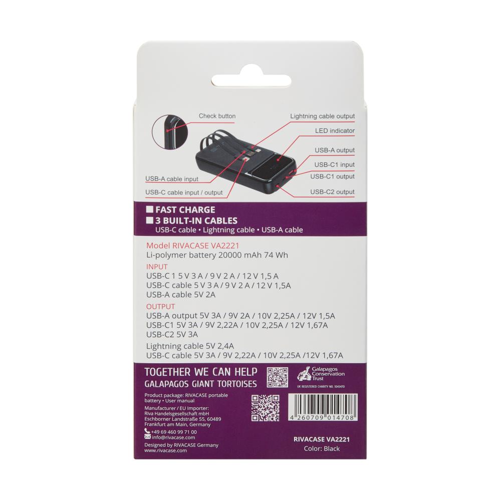 RIVACASE VA2221 20000mAh Barošanas Banka Melna