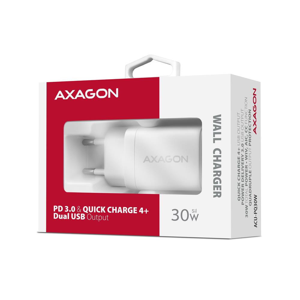 AXAGON ACU-PQ30W 30W Dvigubas USB Portas Sieninis Įkroviklis Baltas