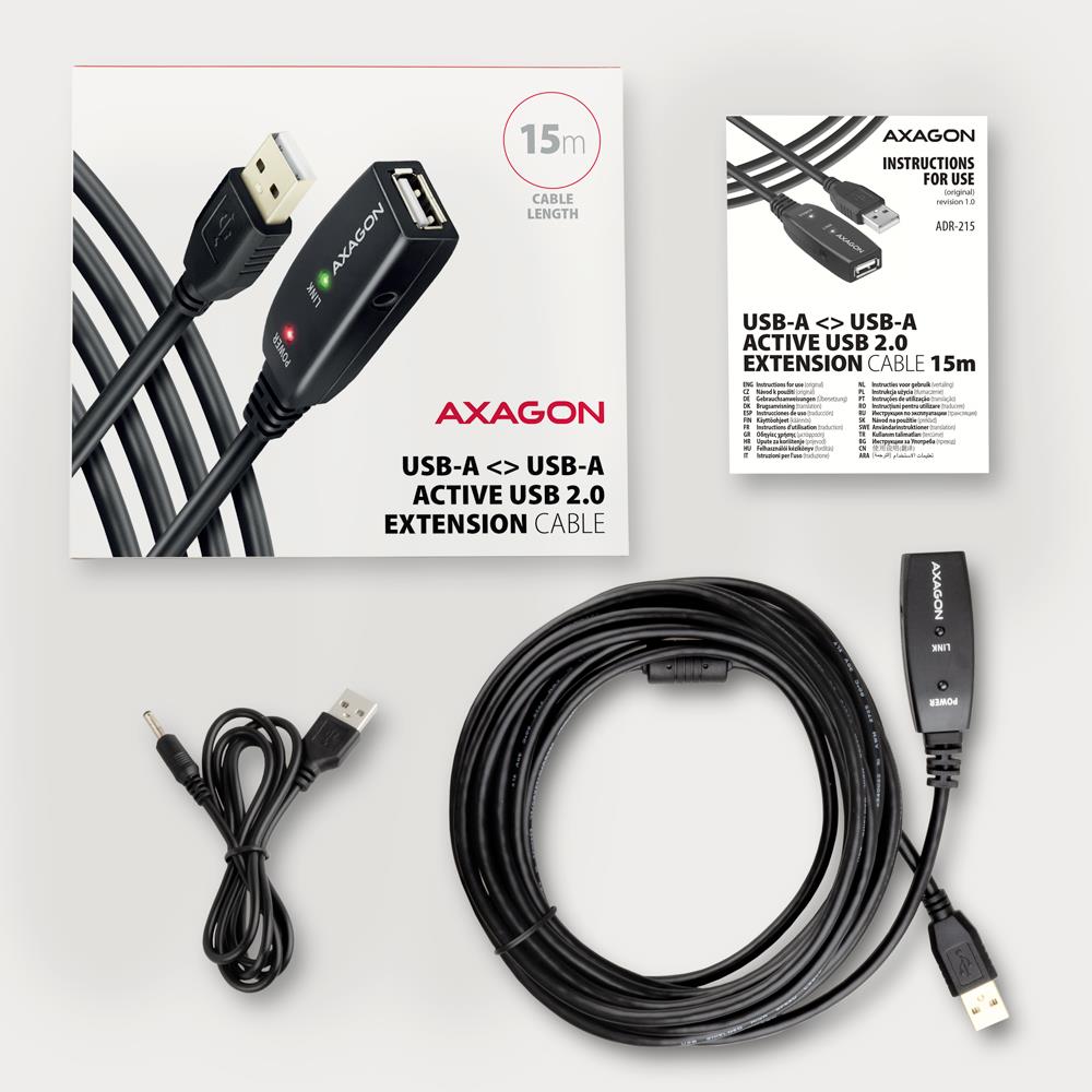 Axagon ADR-215 15M USB2.0 A-M/A-F Aktyvus Kabelis