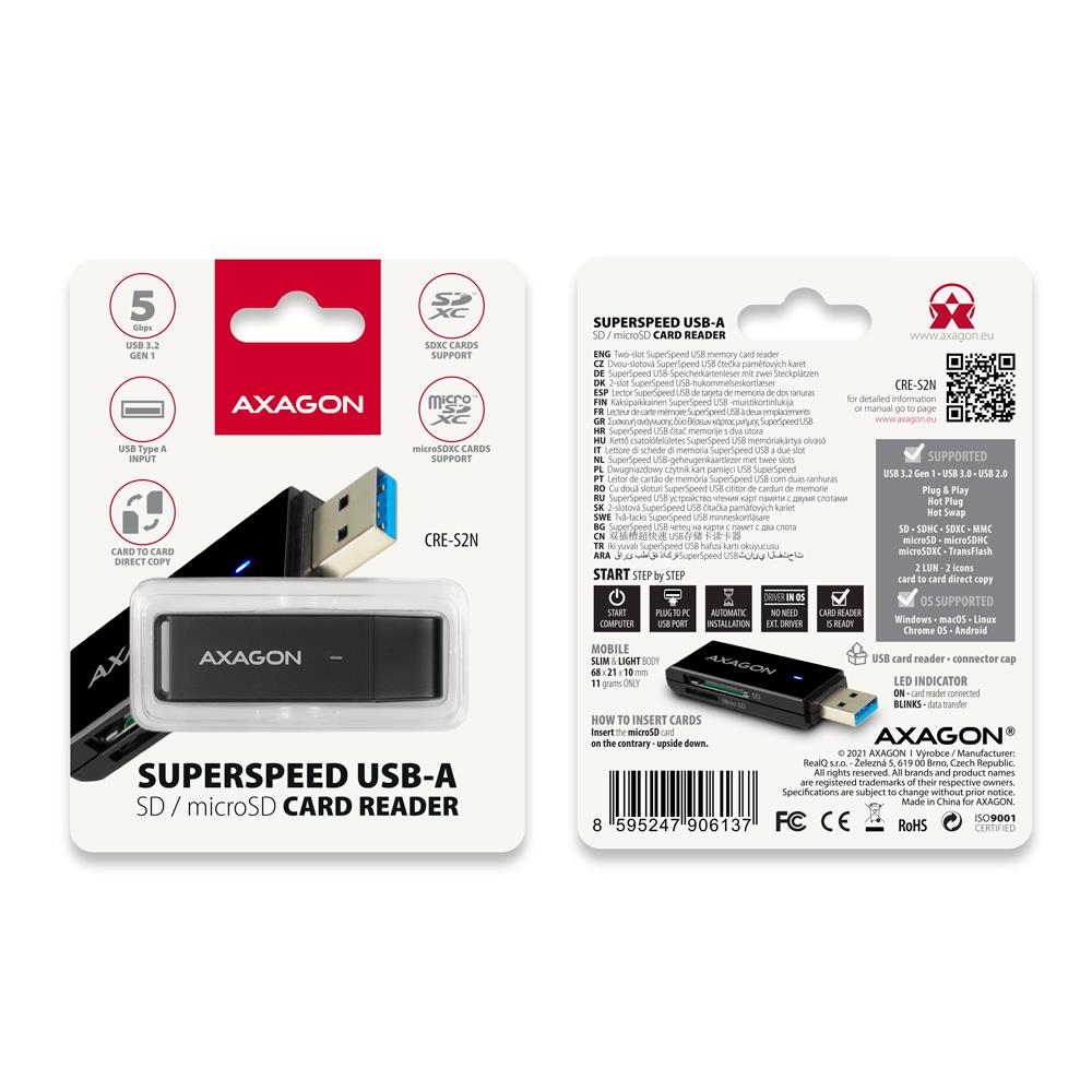AXAGON CRE-S2N USB3.2 SD MicroSD Card Reader