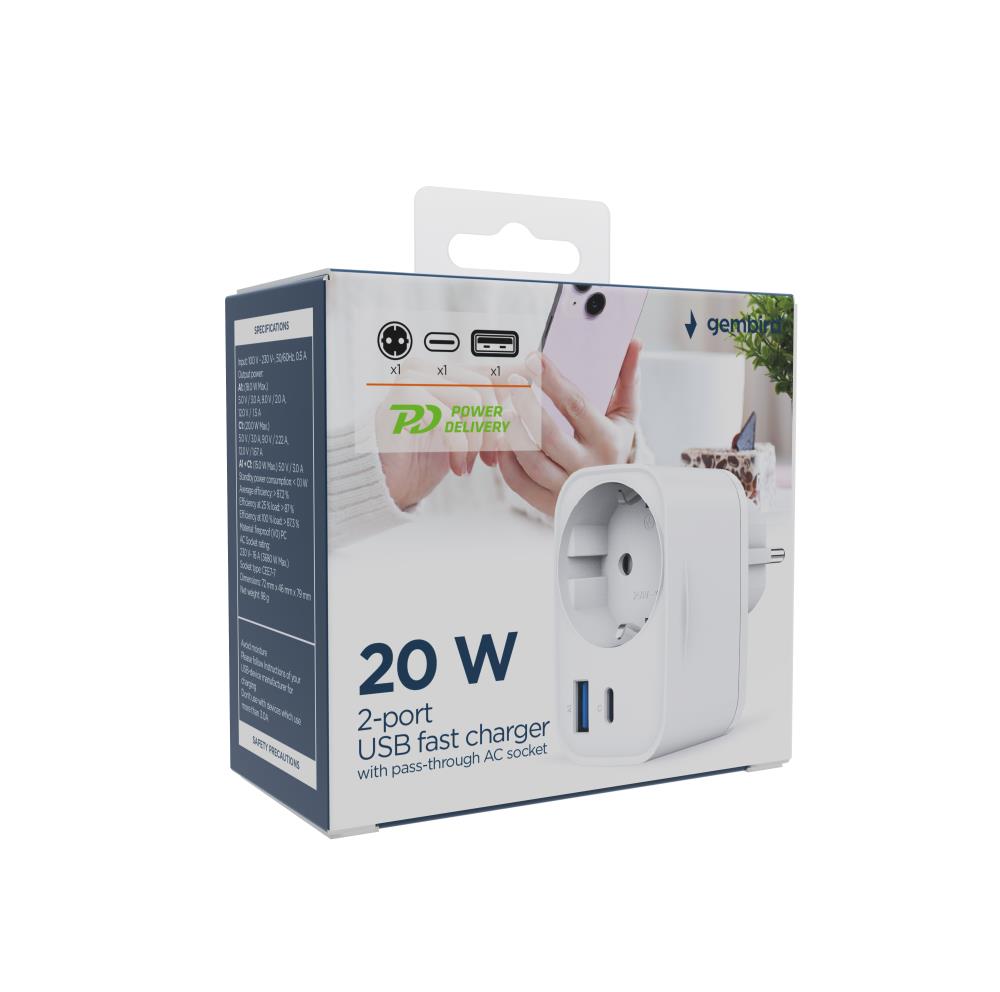 CHARGER USB UNIVERSAL 20W WHT/2P AC TA-ACPDQC20-01-W GEMBIRD