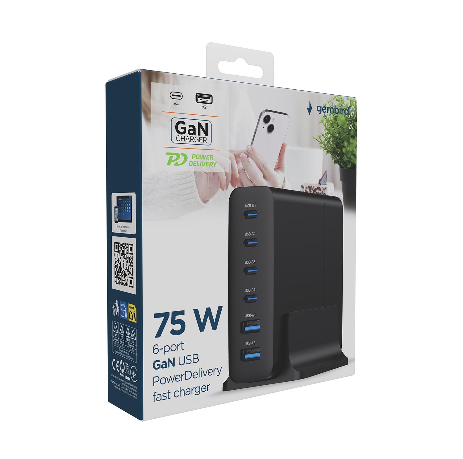 CHARGER USB UNIVERSAL 6P 75W/TA-UC-2A4C-PD75-01-BK GEMBIRD
